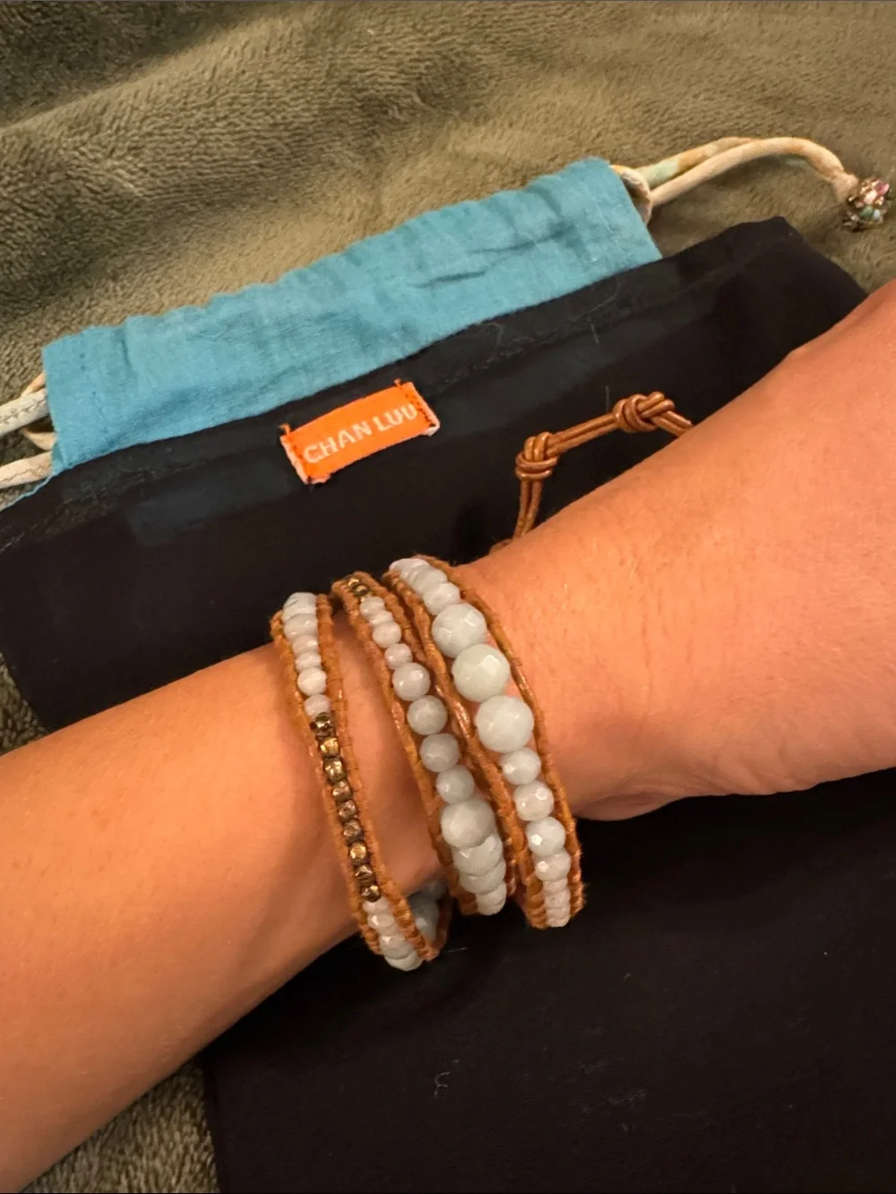 Chan Luu light blue Beaded Tan Leather Wrap Bracelet